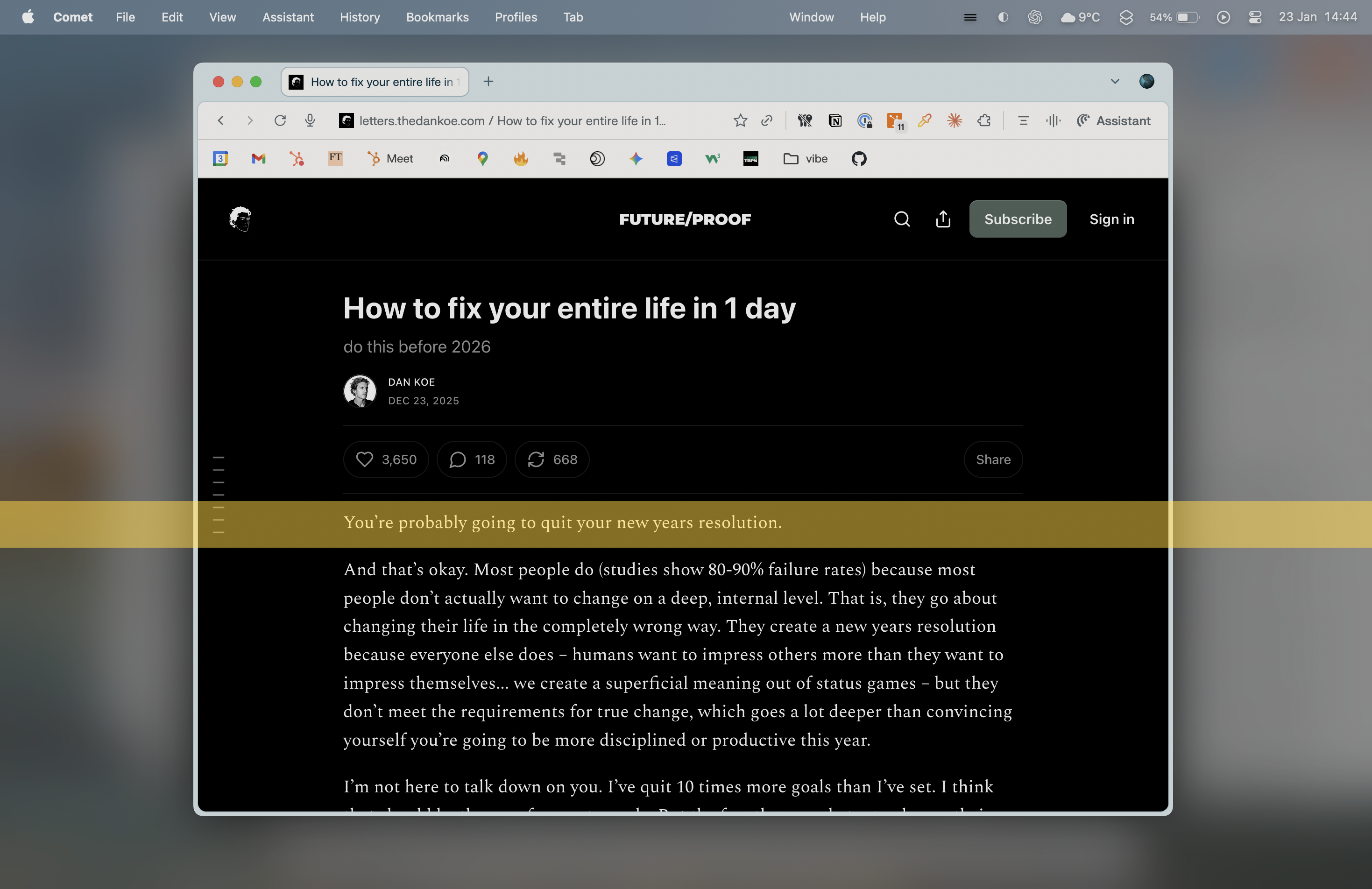 Reading Ruler app showing a transparent yellow ruler following the cursor across a blog article